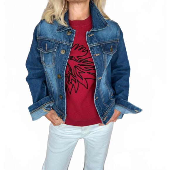 NEW PEARLS & CAMO beaded gamecocks jacket in denim